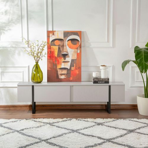 Meuble TV Avec Rangement - Effet Gris Laqué, Pieds Noirs Jena