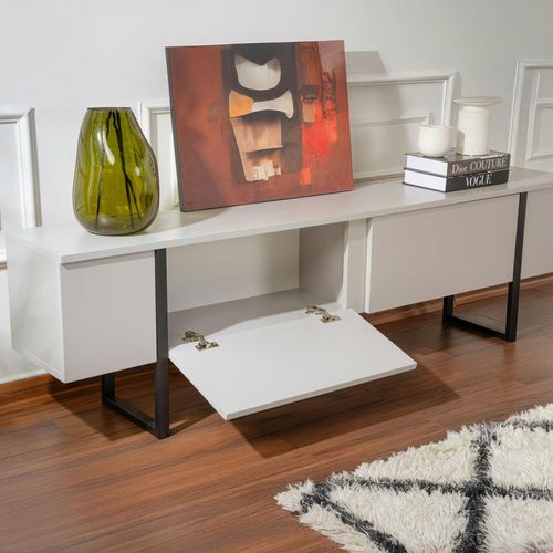 Meuble TV Avec Rangement - Effet Gris Laqué, Pieds Noirs Jena