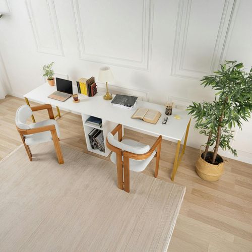 Bureau Double Blanc Avec Rangement Central Intégré Marfa