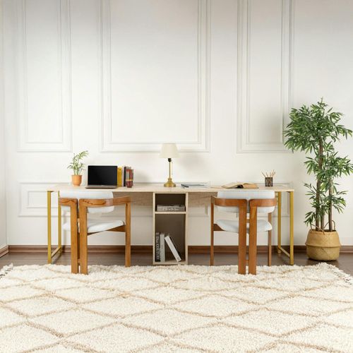 Bureau Double Avec Rangement Central - Plateau Effet Travertin Marfa