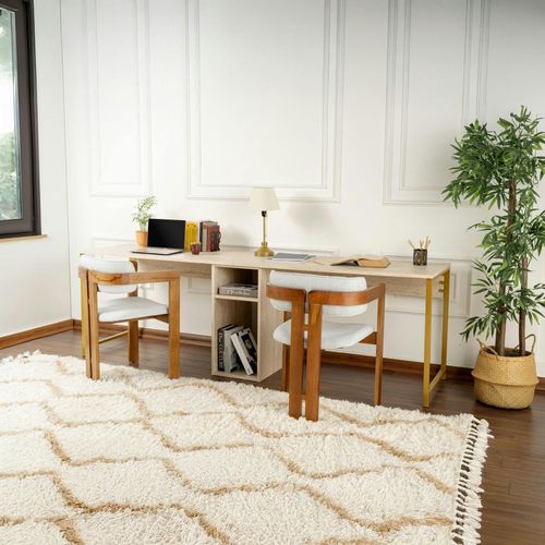 Bureau Double Avec Rangement Central - Plateau Effet Travertin Marfa