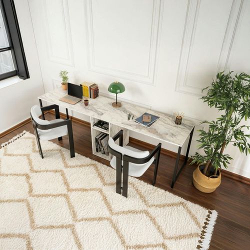 Bureau Double Avec Rangement Central - Plateau Effet Marbre Marfa