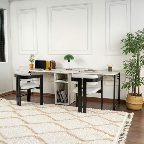 Bureau Double Avec Rangement Central - Plateau Effet Marbre Marfa