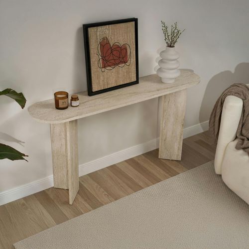Console De Salon Ovale Effet Travertin - Pieds En V Marfa