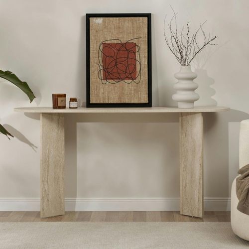 Console De Salon Ovale Effet Travertin - Pieds En V Marfa