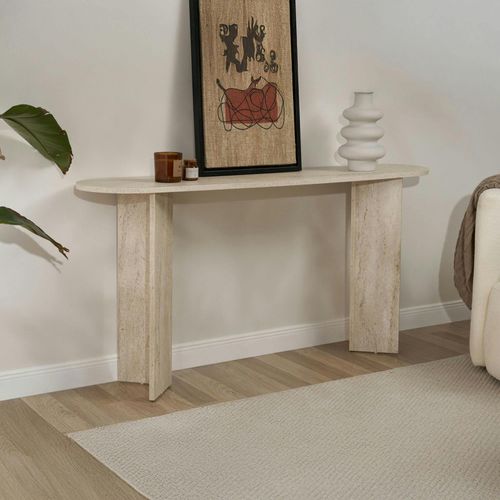 Console De Salon Ovale Effet Travertin - Pieds En V Marfa