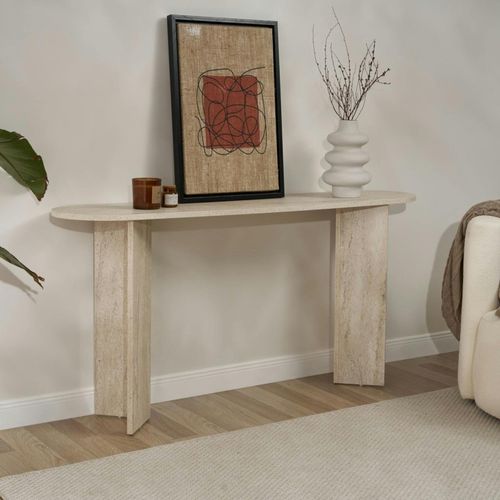 Console De Salon Ovale Effet Travertin - Pieds En V Marfa