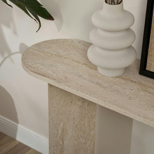 Console De Salon Ovale Effet Travertin - Pieds En V Marfa