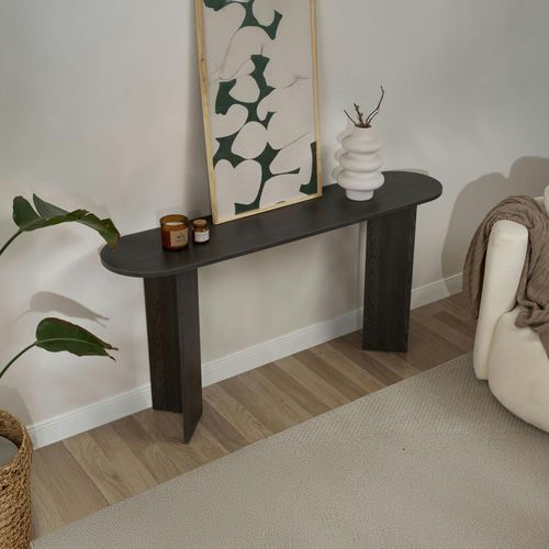Console De Salon Noire Ovale - Pieds En V, Effet Bois Marfa