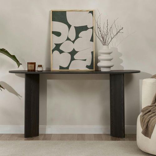 Console De Salon Noire Ovale - Pieds En V, Effet Bois Marfa