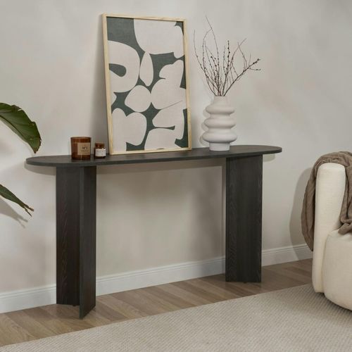 Console De Salon Noire Ovale - Pieds En V, Effet Bois Marfa