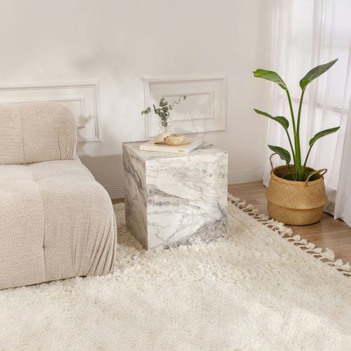 Bout De Canapé Cube Effet Marbre Blanc - Style Design Marfa