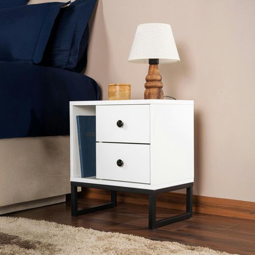 Table De Nuit Blanche Effet Laque - 2 Tiroirs, 1 Niche Jena