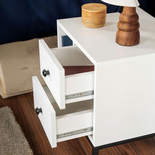 Table De Nuit Blanche Effet Laque - 2 Tiroirs, 1 Niche Jena