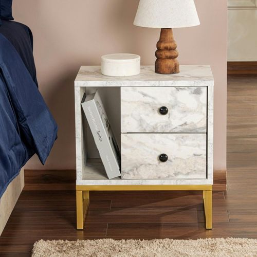 Table De Nuit 2 Tiroirs - Effet Marbre, Pieds Dorés Jena