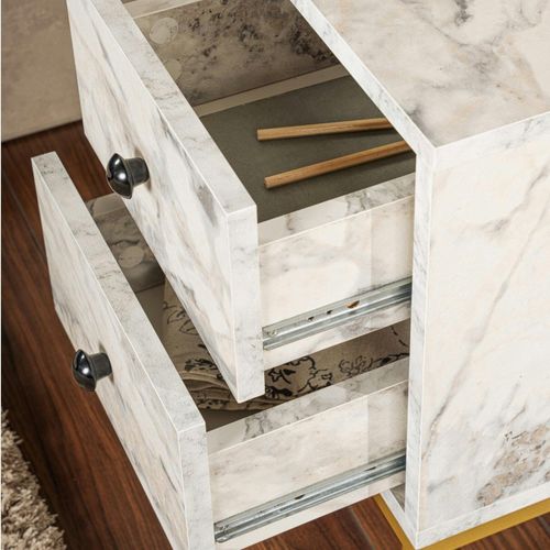 Table De Nuit 2 Tiroirs - Effet Marbre, Pieds Dorés Jena