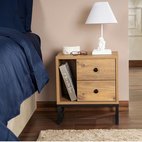 Table De Nuit 2 Tiroirs 1 Niche, Effet Bois De Pin Jena