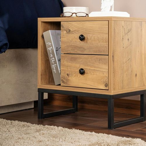 Table De Nuit 2 Tiroirs 1 Niche, Effet Bois De Pin Jena