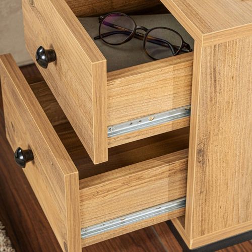 Table De Nuit 2 Tiroirs 1 Niche, Effet Bois De Pin Jena