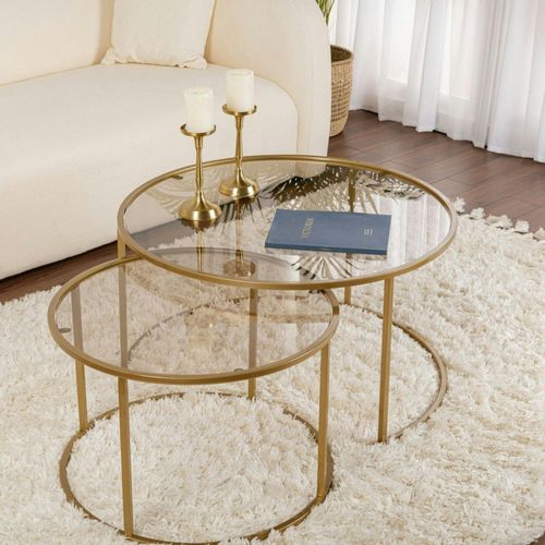 Table Gigogne Verre Ambré - Cadre Doré (lot De 2) ⌀80 Cm Tulum
