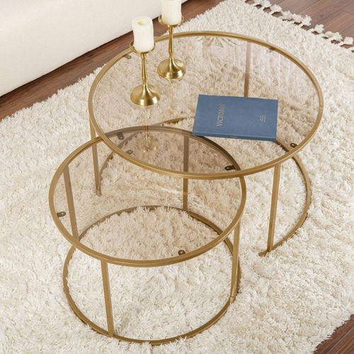 Table Gigogne Verre Ambré - Cadre Doré (lot De 2) ⌀80 Cm Tulum