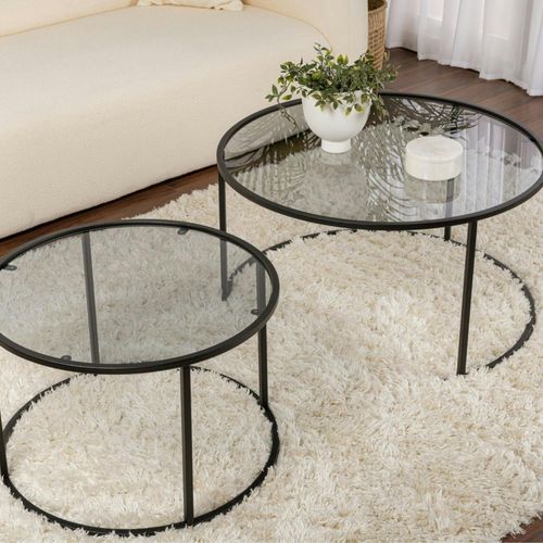 Table Gigogne Verre Fumé - Cadre Noir (lot De 2) ⌀80 Cm Tulum