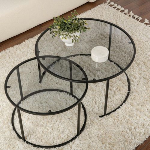 Table Gigogne Verre Fumé - Cadre Noir (lot De 2) ⌀80 Cm Tulum