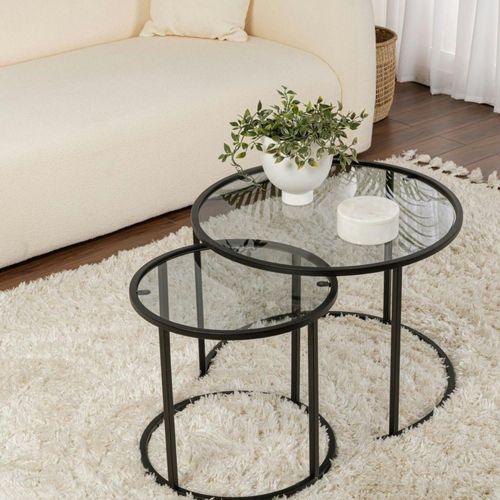Table Gigogne Verre Fumé - Cadre Noir (lot De 2) ⌀60 Cm Tulum
