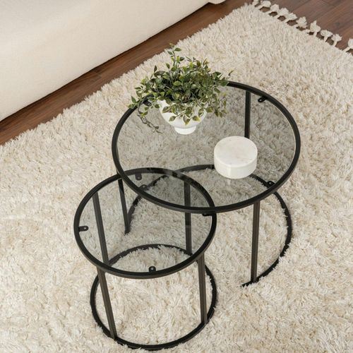 Table Gigogne Verre Fumé - Cadre Noir (lot De 2) ⌀60 Cm Tulum