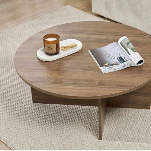 Table Basse Ronde Minimaliste - Effet Bois De Noyer Marfa