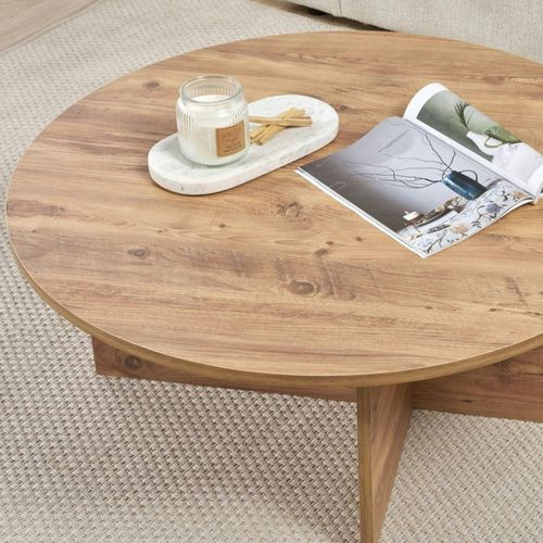 Table Basse Ronde Minimaliste - Effet Bois De Pin Marfa