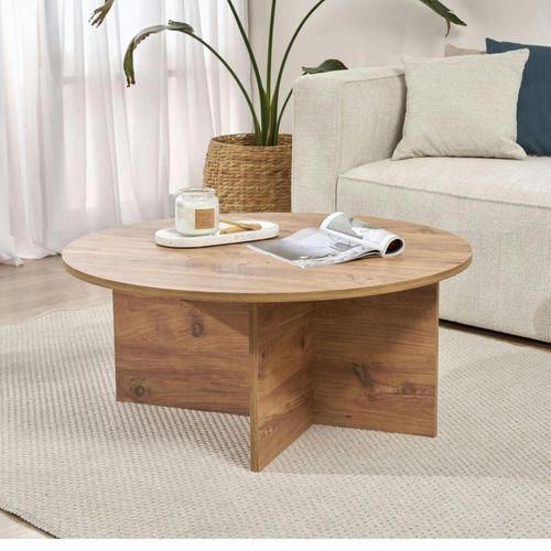 Table Basse Ronde Minimaliste - Effet Bois De Pin Marfa