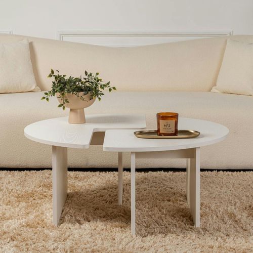 Table Basse Ronde Blanche Effet Bois - Design Puzzle Marfa