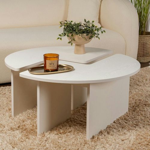 Table Basse Ronde Blanche Effet Bois - Design Puzzle Marfa