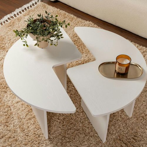 Table Basse Ronde Blanche Effet Bois - Design Puzzle Marfa
