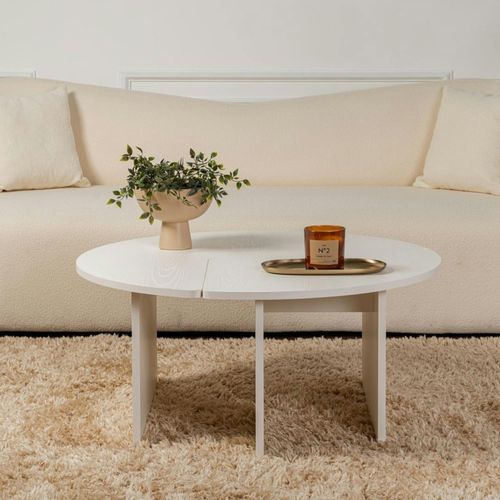 Table Basse Ronde Blanche Effet Bois - Design Puzzle Marfa