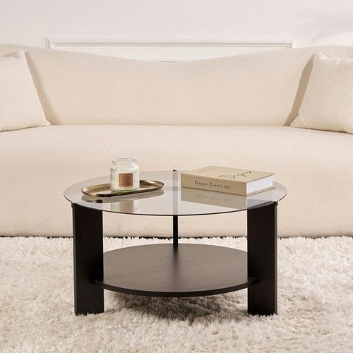 Table Basse Verre Fumé Double Plateau - Effet Bois Noir Salta