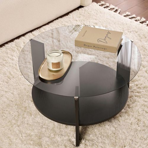 Table Basse Verre Fumé Double Plateau - Effet Bois Noir Salta