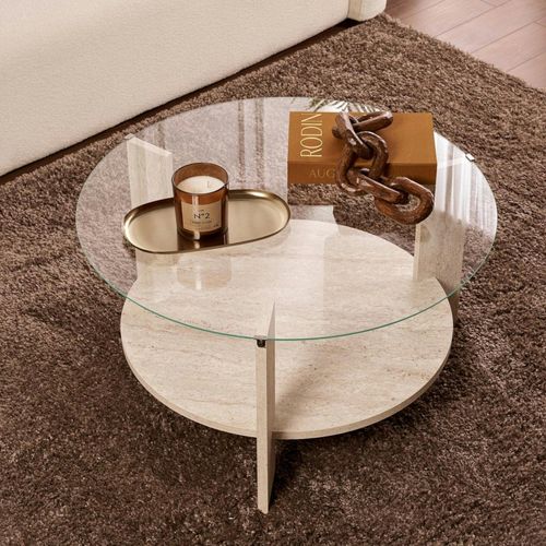 Table Basse Verre Double Plateau - Effet Travertin Salta