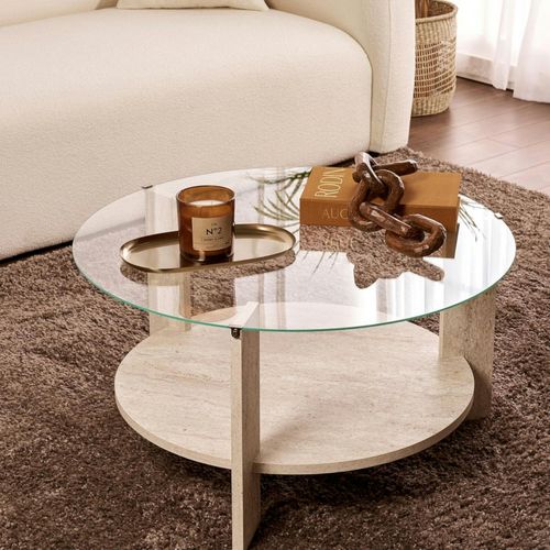 Table Basse Verre Double Plateau - Effet Travertin Salta