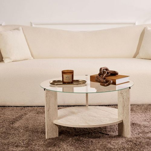 Table Basse Verre Double Plateau - Effet Travertin Salta