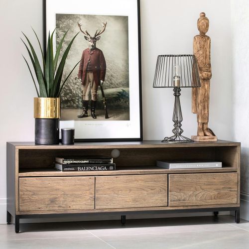 Meuble TV Contemporain Chêne Massif Encadrement Métal Noir Hudson