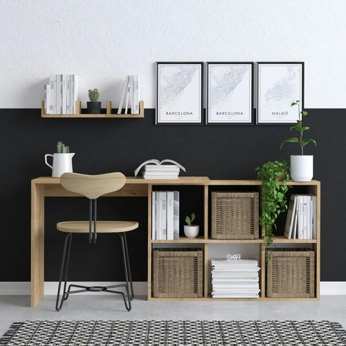 Bureau Avec Rangement Cubes Et Étagère - Effet Chêne Marfa
