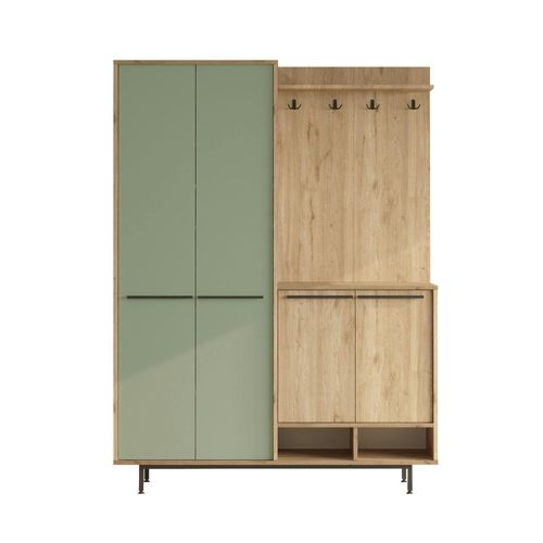 Meuble D'entrée Avec Rangement - Vert Sauge Et Effet Chêne Jena