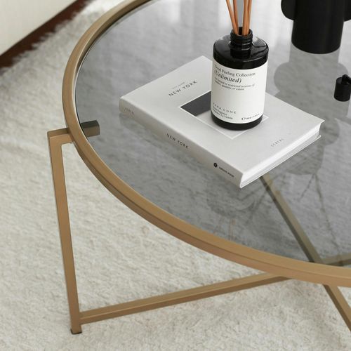 Table Basse Ronde Design - Verre Fumé et Métal Doré Tulum