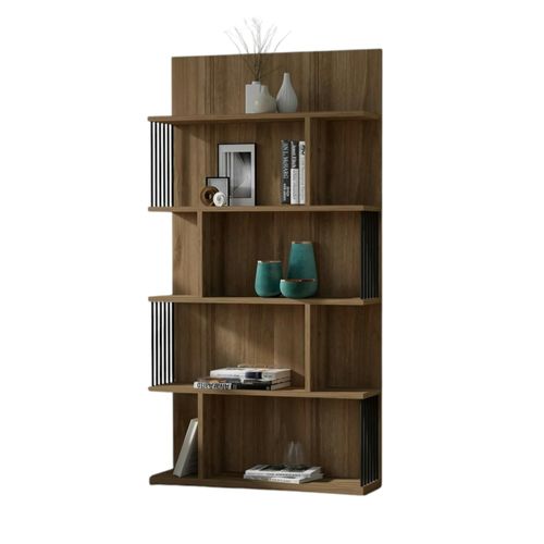 Bibliothèque Design Effet Bois Noyer Niches Asymétriques Umea