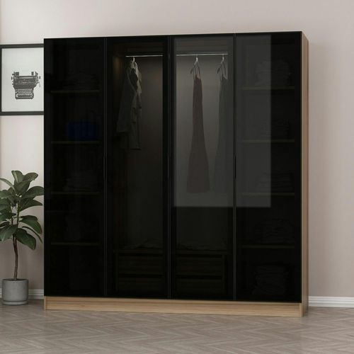 Armoire Penderie Design Effet Bois 4 Portes Verre H 210 Cm Byron