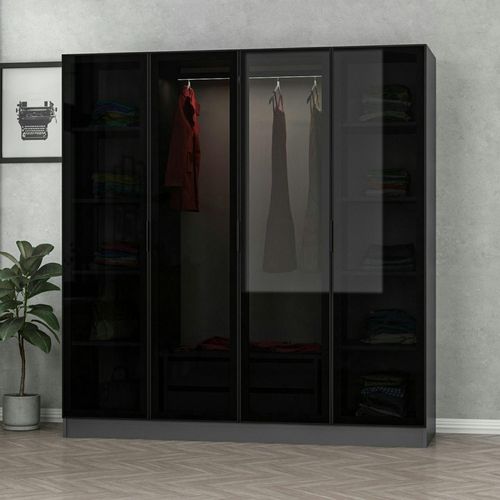 Armoire Penderie Design Gris 4 Portes Vitrées H 190 Cm Byron