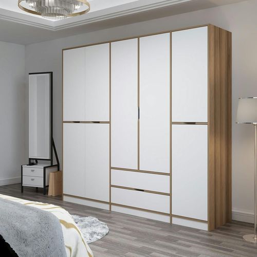 Armoire Dressing Chambre Effet Bois, 8 Portes Blanches Byron