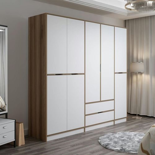 Armoire Dressing Chambre Effet Bois, 8 Portes Blanches Byron